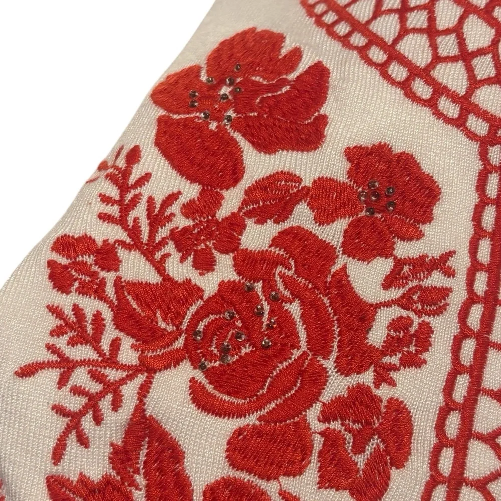 Charter Club White with Red Floral Embroidery Button up Sweater Small